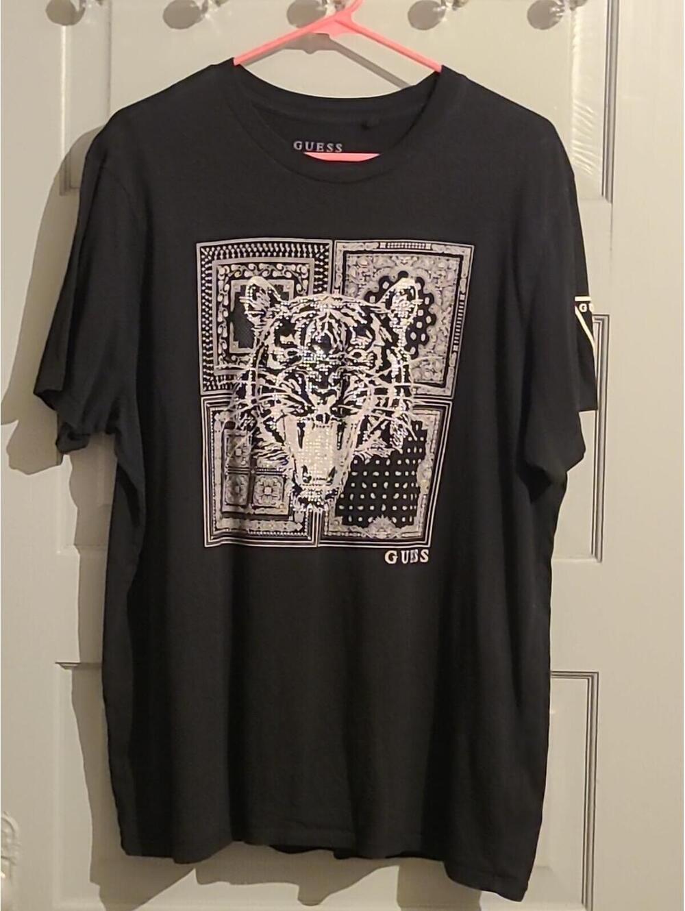 Guess Black Rhinestone Bedazzled Tiger McBling Graphic T-Shirt Xl